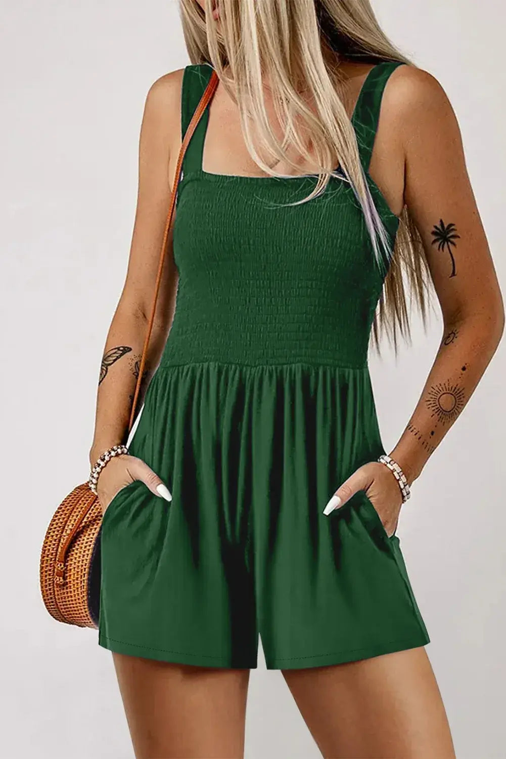 Green Casual Pocketed Smocked Sleeveless Romper - Sweet Fashion Wholesale