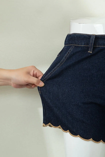 Navy Blue Embroidered Scalloped Trim Relaxed Denim Shorts - Sweet Fashion Wholesale