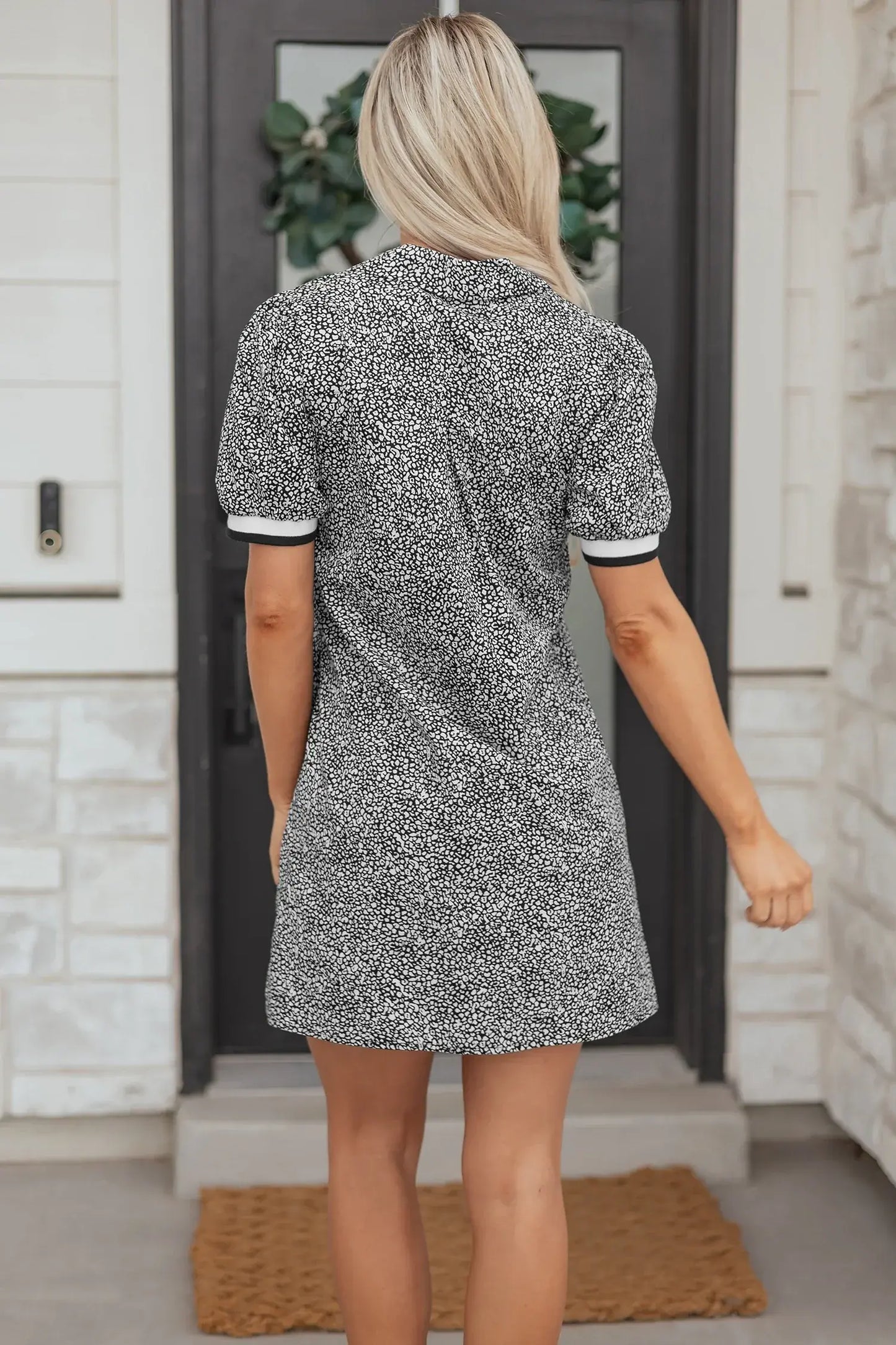 Black Leopard Print Contrast Striped Trim Polo Collar Short Sleeve Dress with Pockets - Sweet Fashion Wholesale