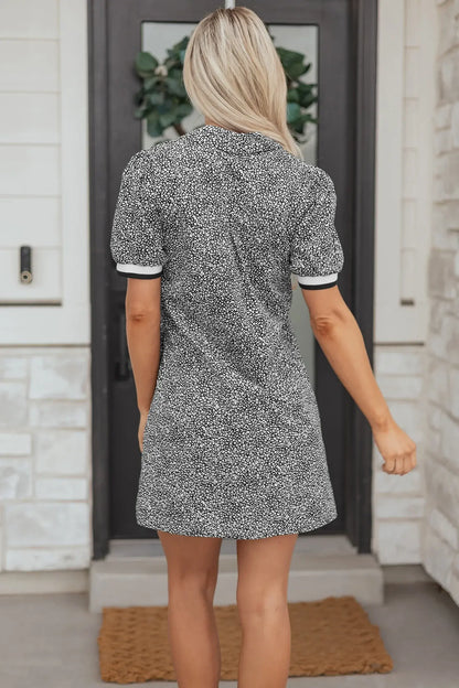 Black Leopard Print Contrast Striped Trim Polo Collar Short Sleeve Dress with Pockets - Sweet Fashion Wholesale