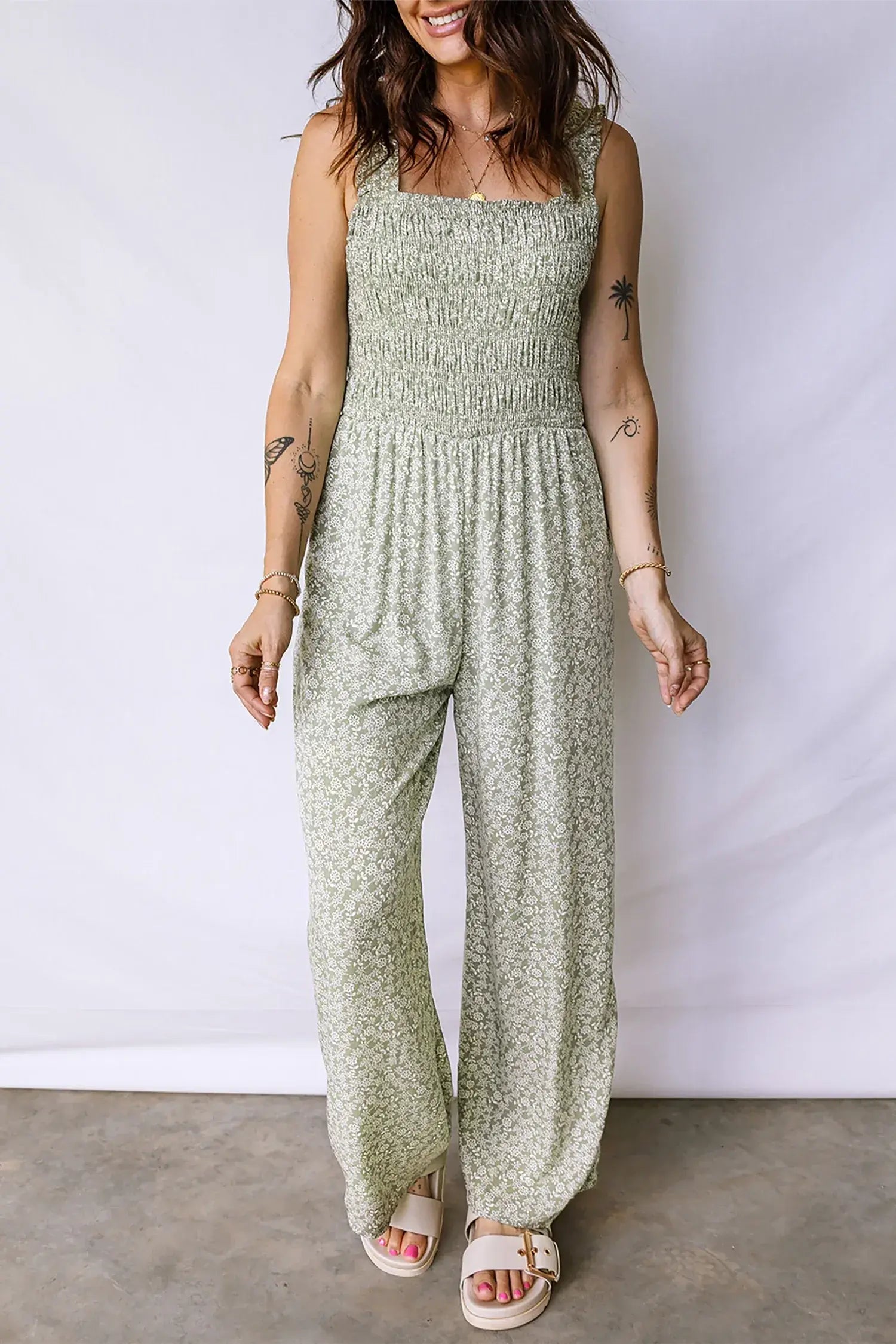 Green Smocked Bodice Square Neck Sleeveless Floral Jumpsuit - Sweet Fashion Wholesale