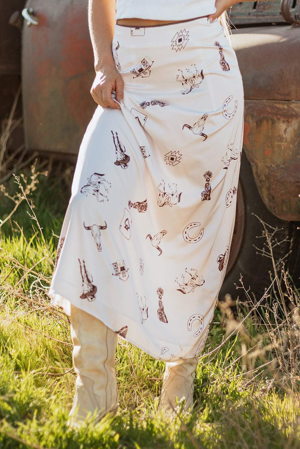 White Western Print Satin Long Skirt