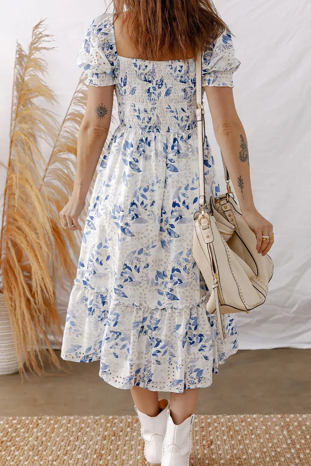 Sky Blue Smocked Bodice Short Puff Sleeve Tiered Floral Midi Dress - Sweet Fashion Wholesale