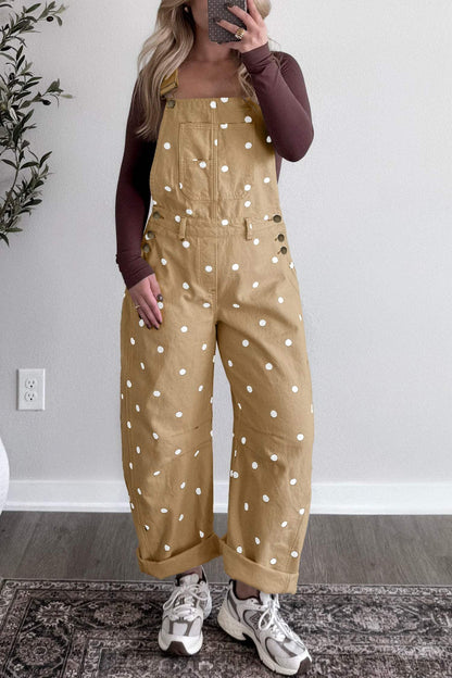 Light French Beige Polka Dot Print Bib Pocket Denim Barrel Overalls Jumpsuit