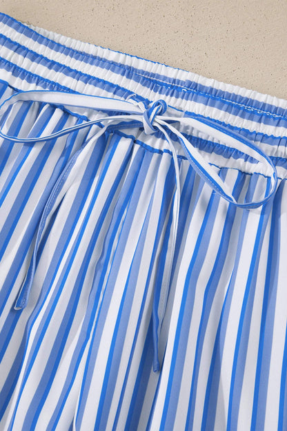 Sky Blue Stripe Drawstring Elastic Waist Patch Pocket Wide Leg Ankle-length Pants