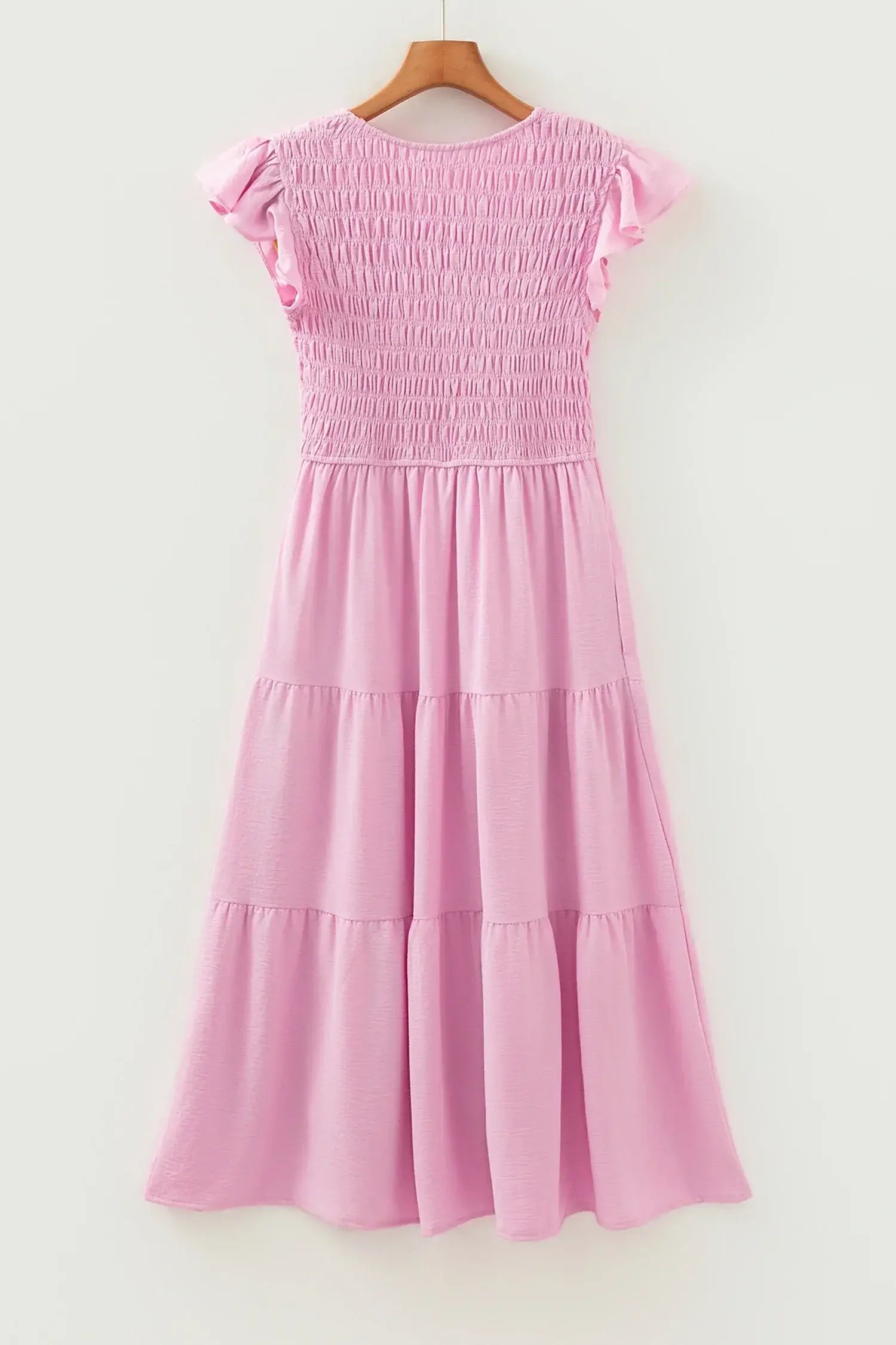 Pink Smocked Bodice Flutter Sleeve Fit Flare Tiered Midi Dress - Sweet Fashion Wholesale