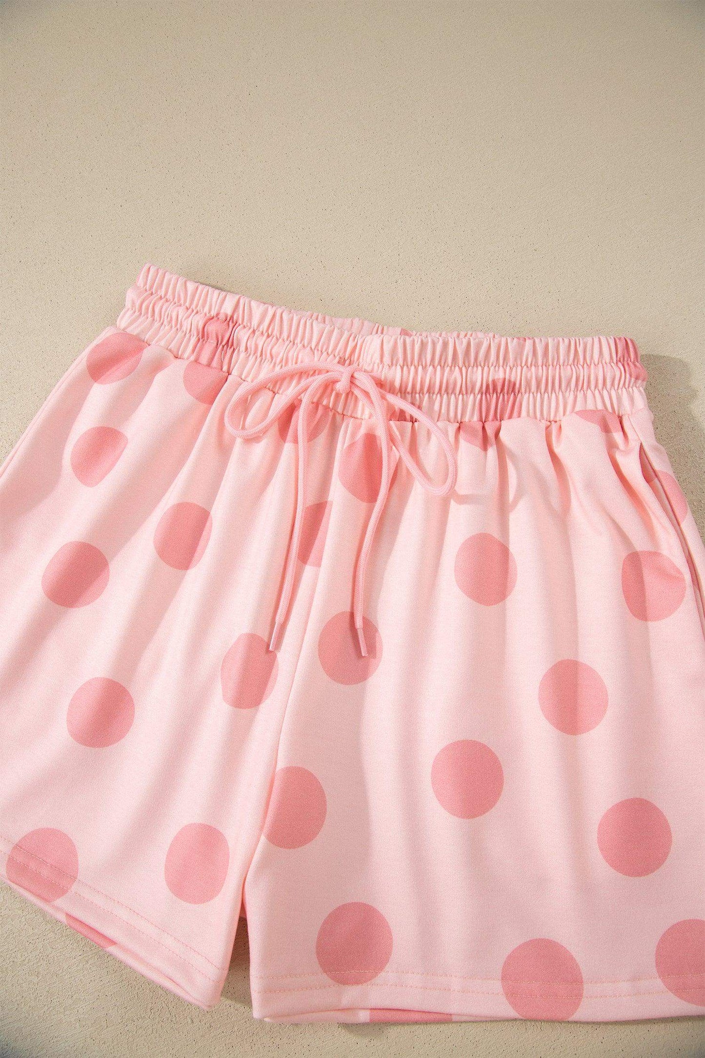 Pink Polka Dot Print Loose Tee Drawstring Elastic Waist Short Set - Sweet Fashion Wholesale