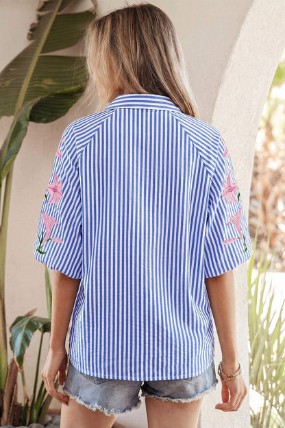 Sky Blue Stripe Lily Floral Embroidered Puff Sleeve Button Down Shirt