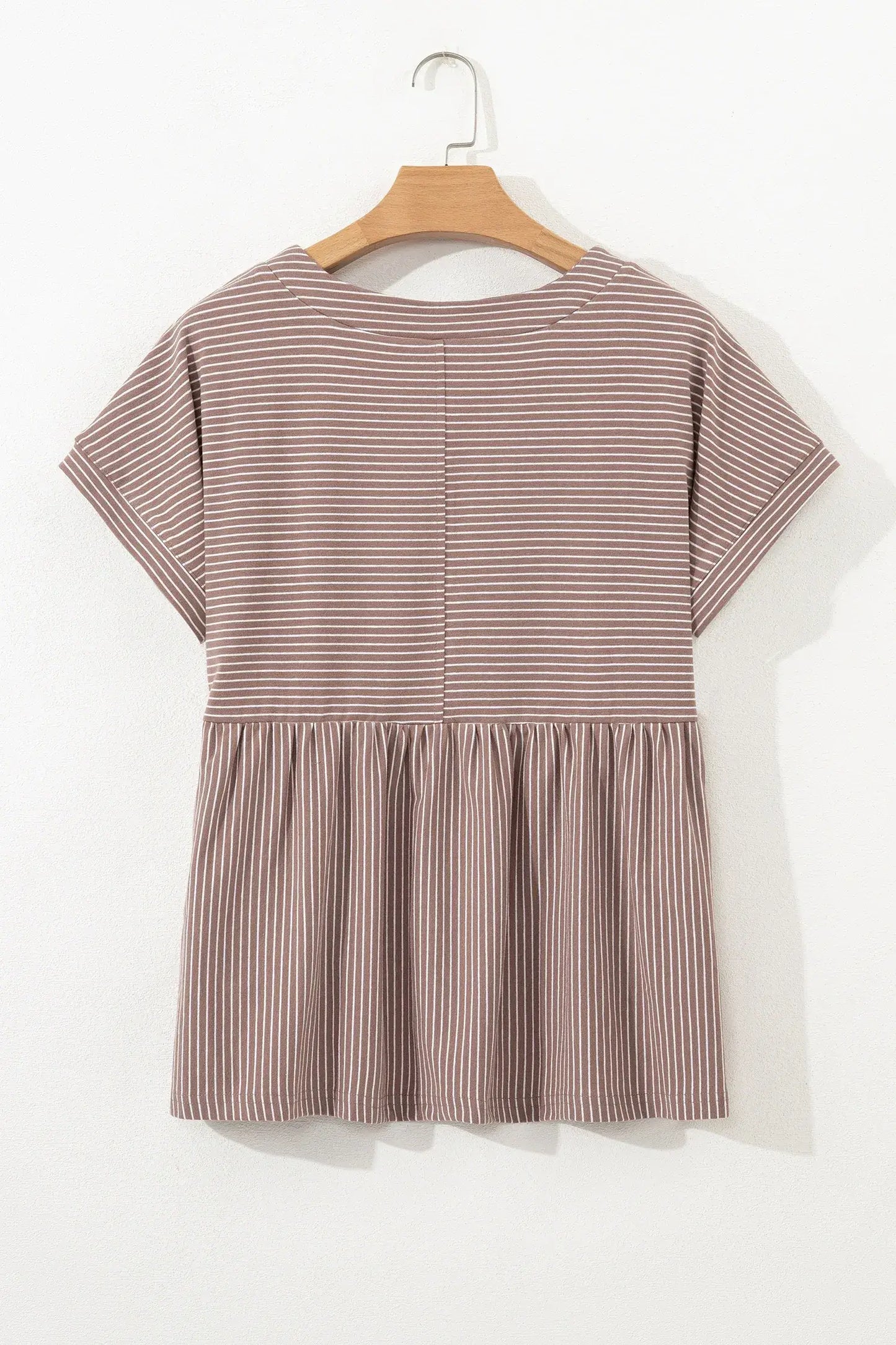 Khaki Stripe Buttoned V Neck High Low Side Slit T Shirt - Sweet Fashion Wholesale