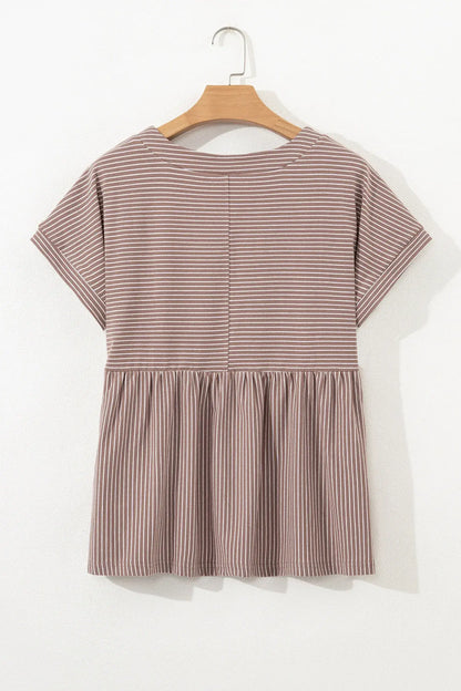 Khaki Stripe Buttoned V Neck High Low Side Slit T Shirt - Sweet Fashion Wholesale