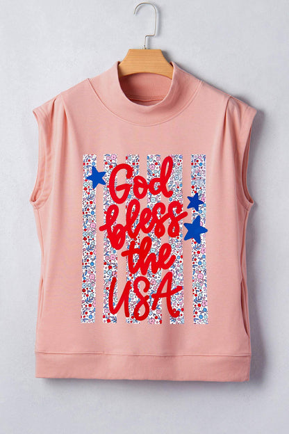 Pink God bless the USA Floral American Flag Print High Neck Short Sleeve Top