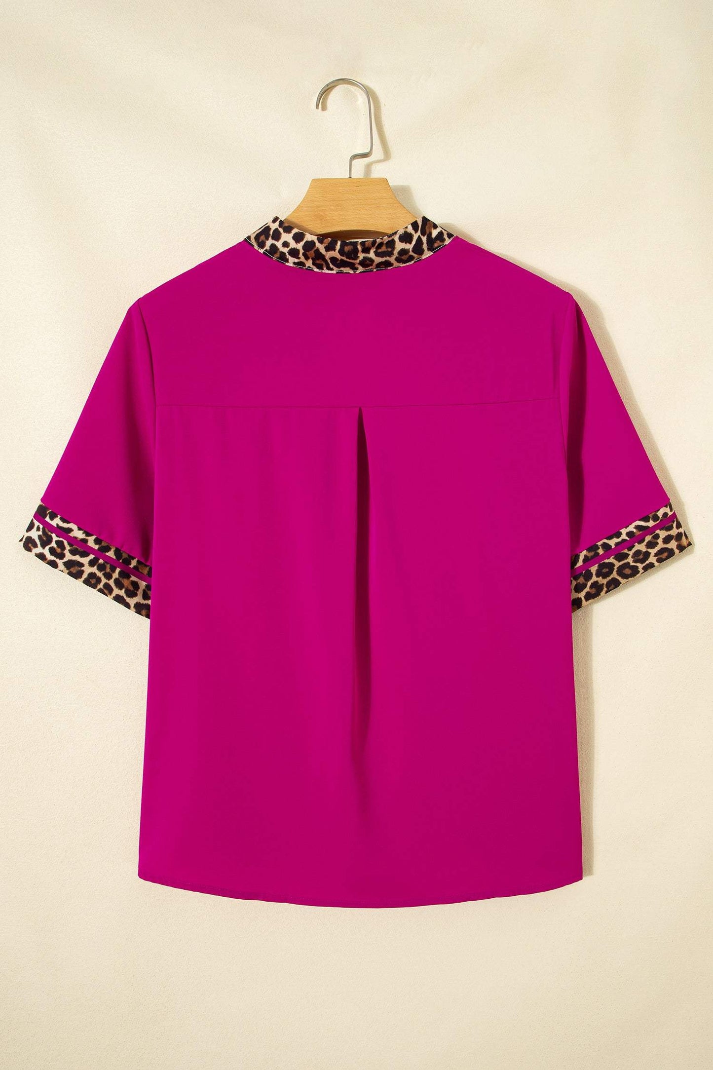 Violet Leopard Patchwork Trim Split Neck Short Sleeve Blouse