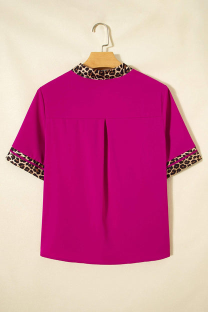 Violet Leopard Patchwork Trim Split Neck Short Sleeve Blouse