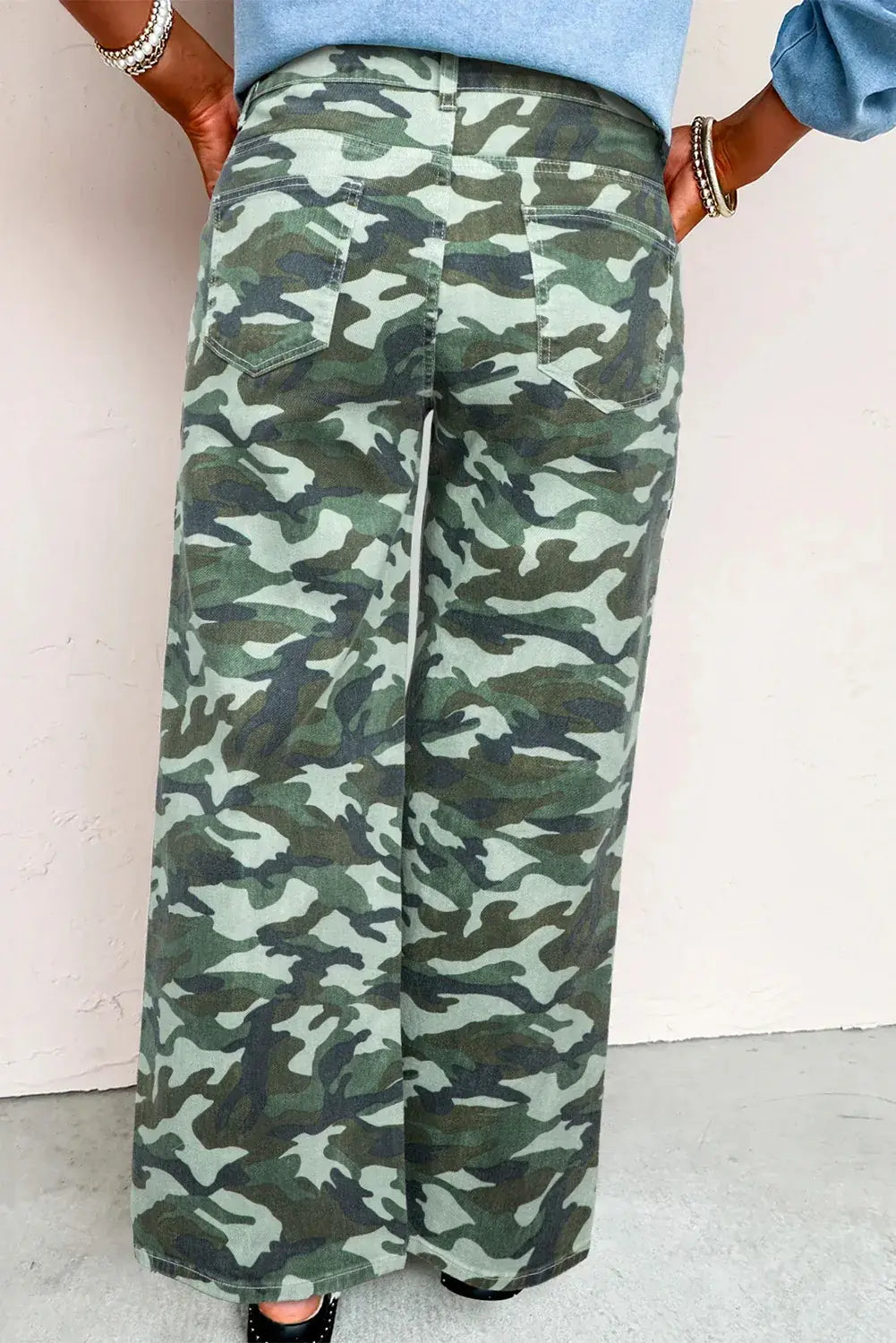 Green Camouflage Print Wide Leg Drawstring Denim Pants - Sweet Fashion Wholesale