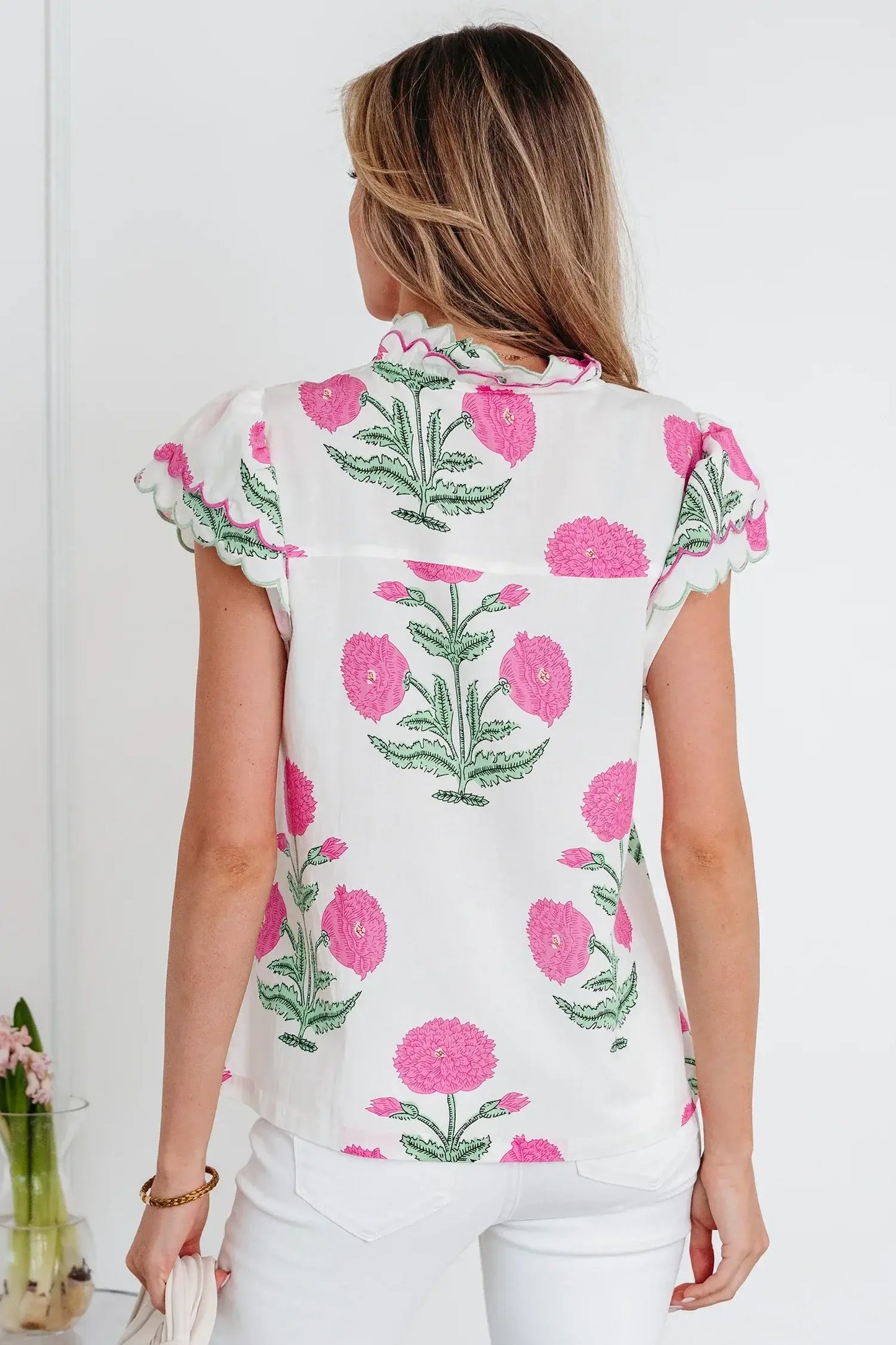 Blue Wild Flower Print Contrast Trim Scallop Detail Short Sleeve Blouse - Sweet Fashion Wholesale