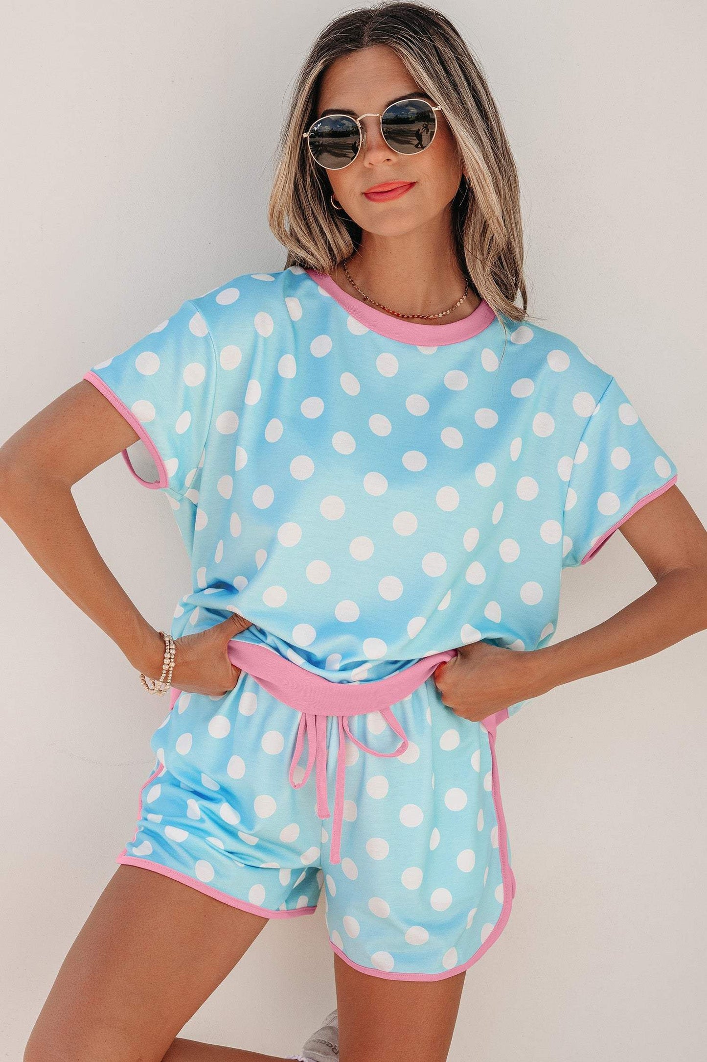 Sky Blue Polka Dot Contrast Edge Casual Short Set