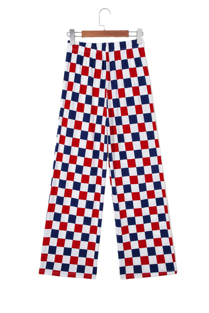 Red 2-Tone Checked Print High Waist Wide Leg Pants