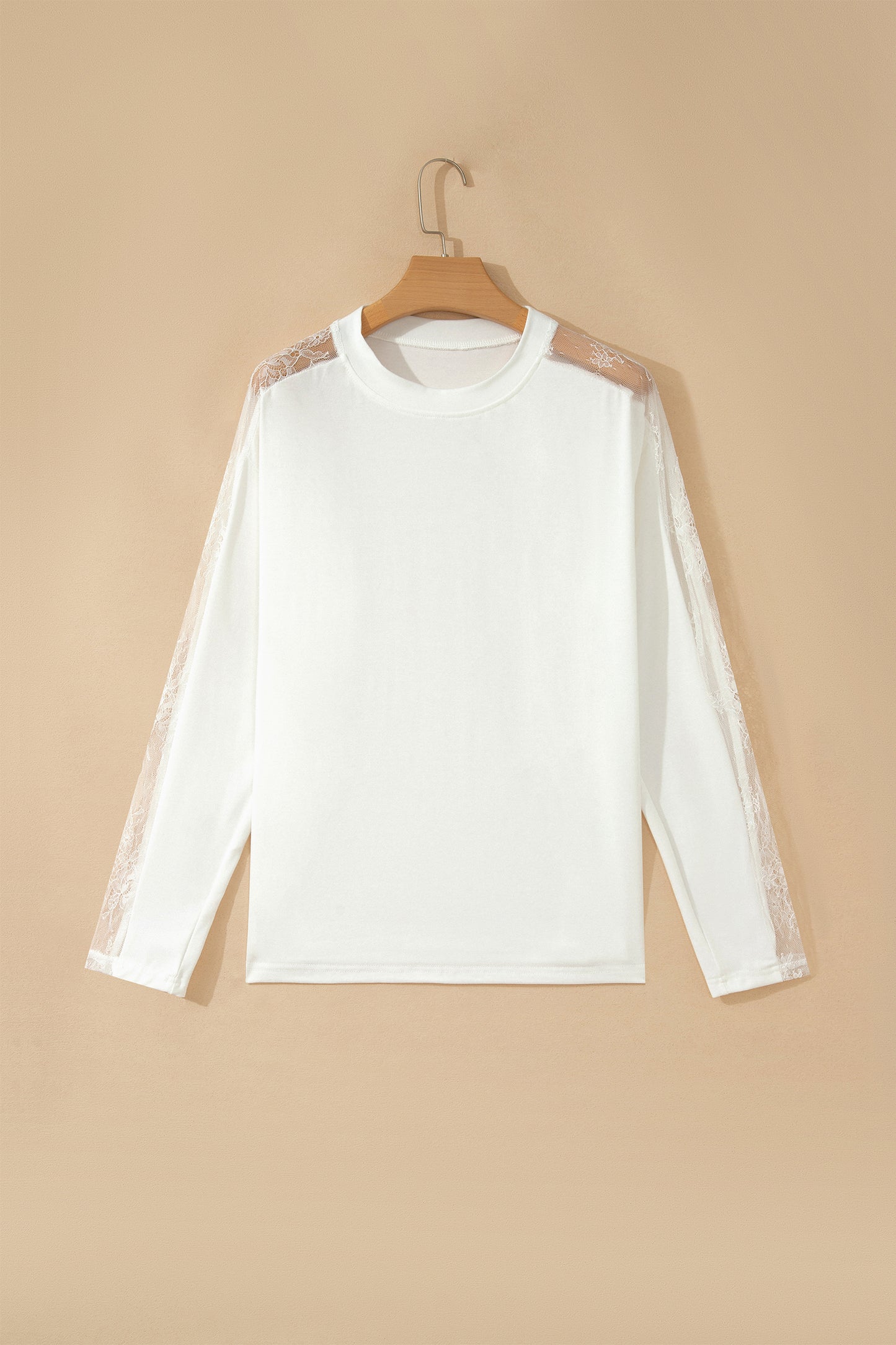 White Lace Patchwork Round Neck Casual Long Sleeve Top