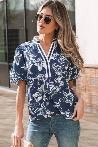 Blue Floral Print Short Puff Sleeve Striped Trim V Neck Blouse - Sweet Fashion Wholesale