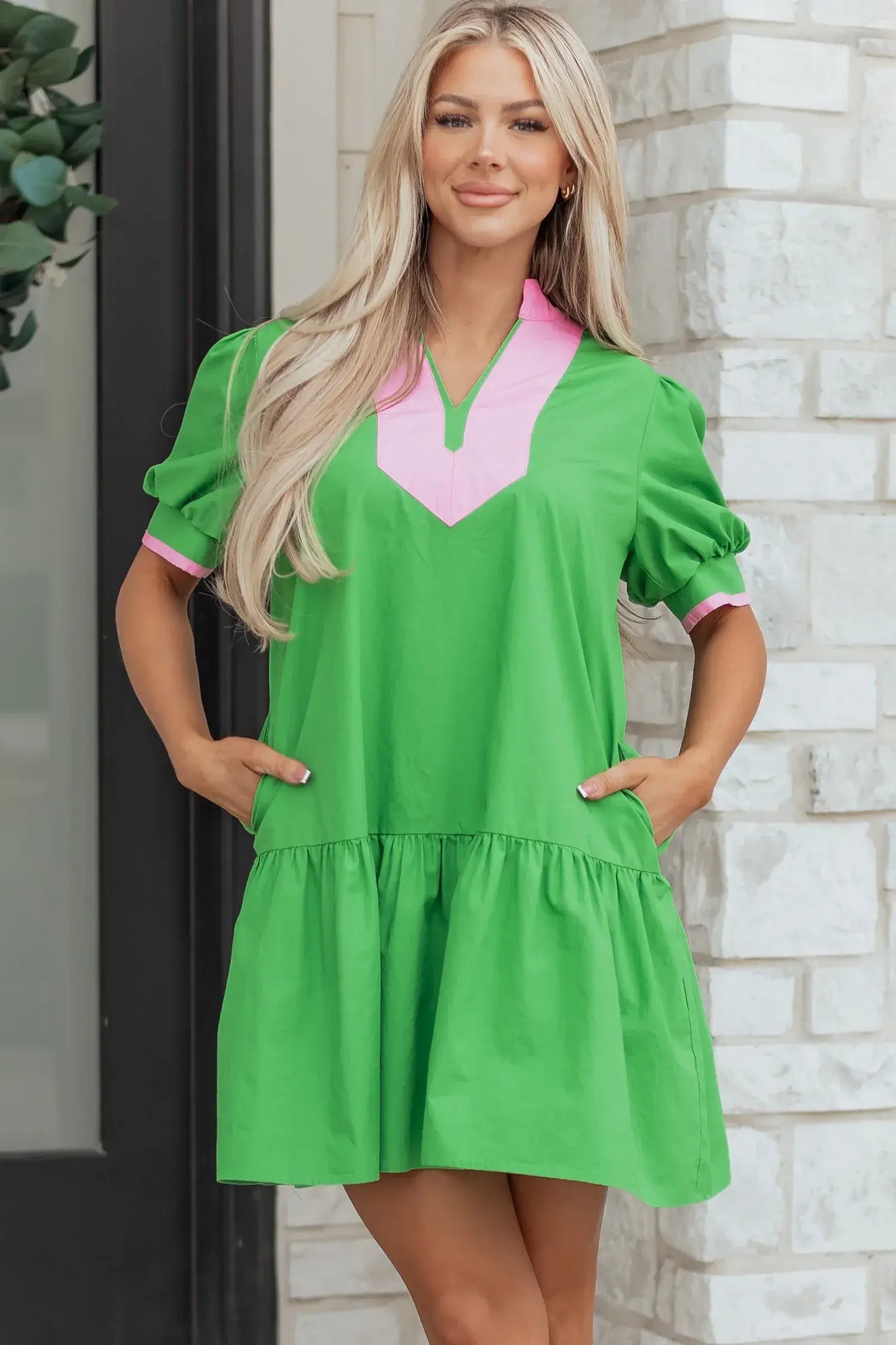Bright Green Color Block Detail Split Neck Short Puff Sleeve Ruffle Hem Mini Dress - Sweet Fashion Wholesale