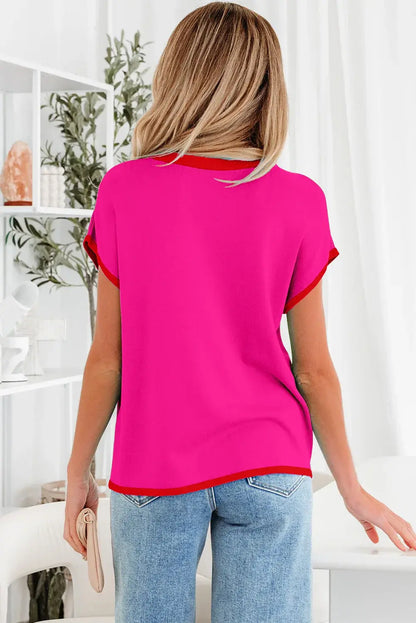 Green Contrast Trim Round Neck Short Sleeve Loose Knit Sweater