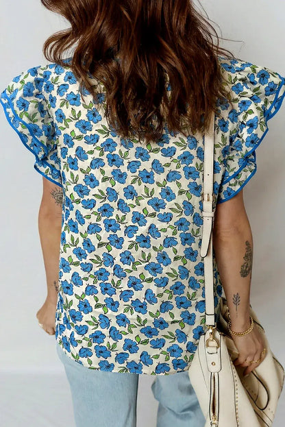 Sky Blue Tiered Flutter Sleeve Pleated Flower Blouse - Sweet Fashion Wholesale
