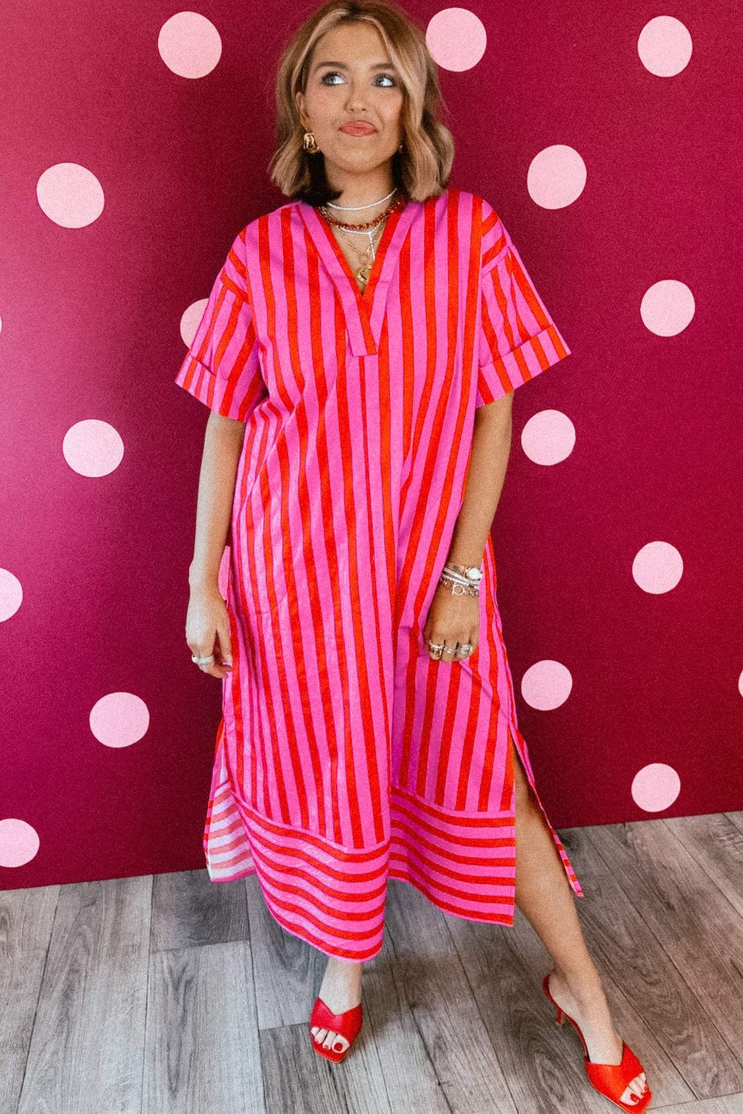 Red Stripe V Neck Cuffed Sleeve Relaxed Split Midi Dress