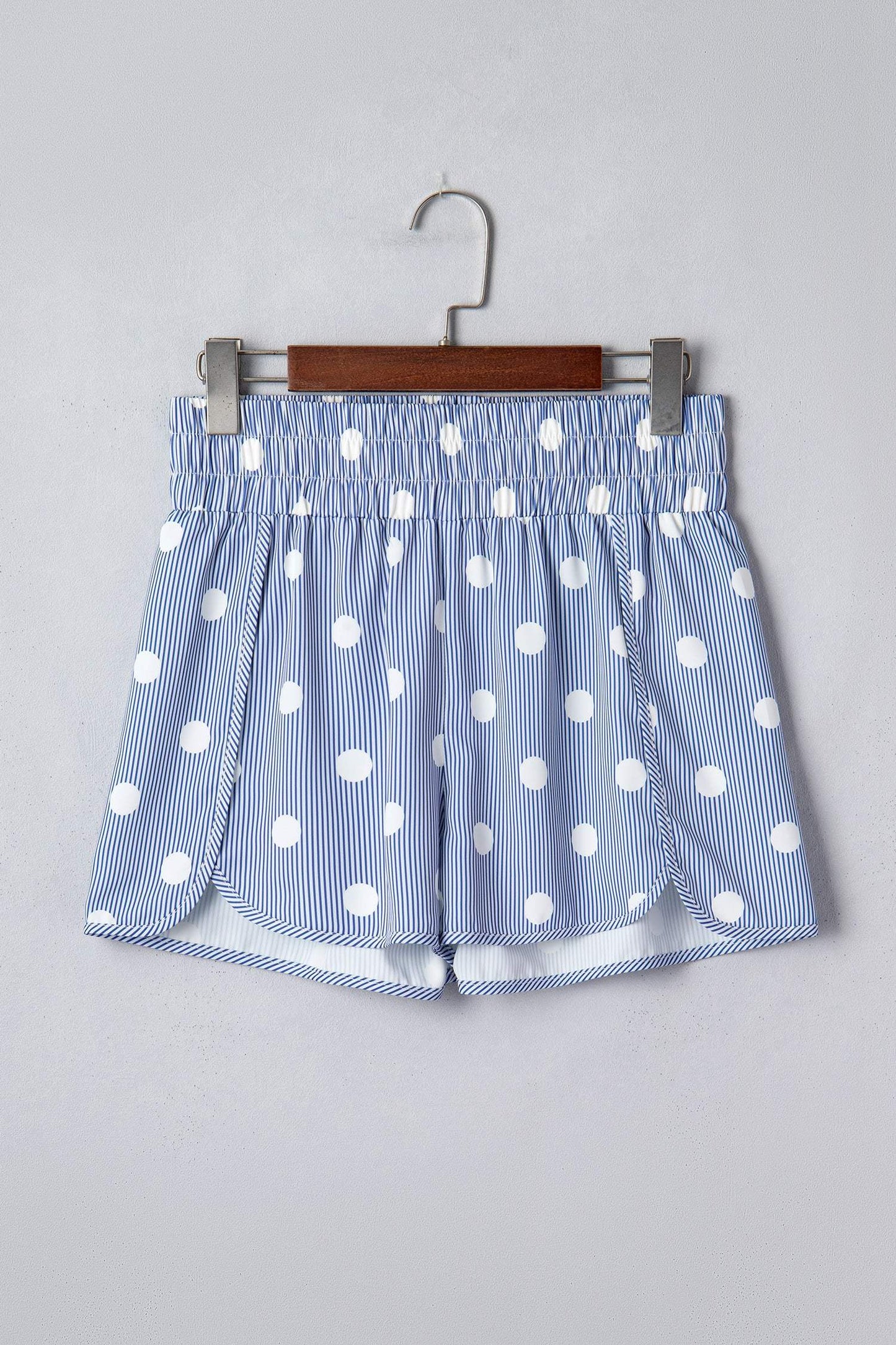 Sky Blue Polka Dot Print Shirred High Waist Casual Shorts