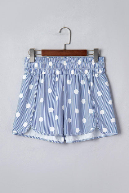 Sky Blue Polka Dot Print Shirred High Waist Casual Shorts