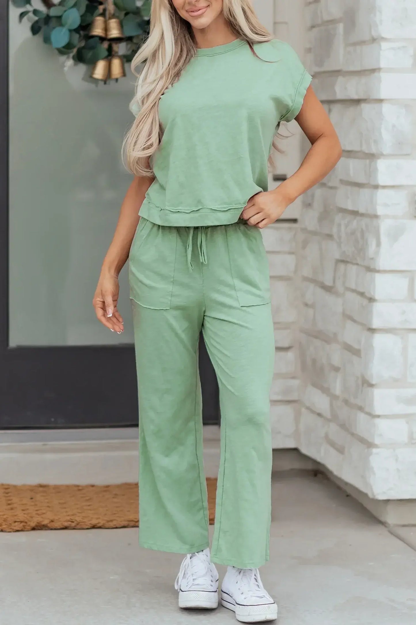 Canton Cuffed Short Sleeve Tee Raw Seam Patch Pocket Drawstring Pants Set - Sweet Fashion Wholesale