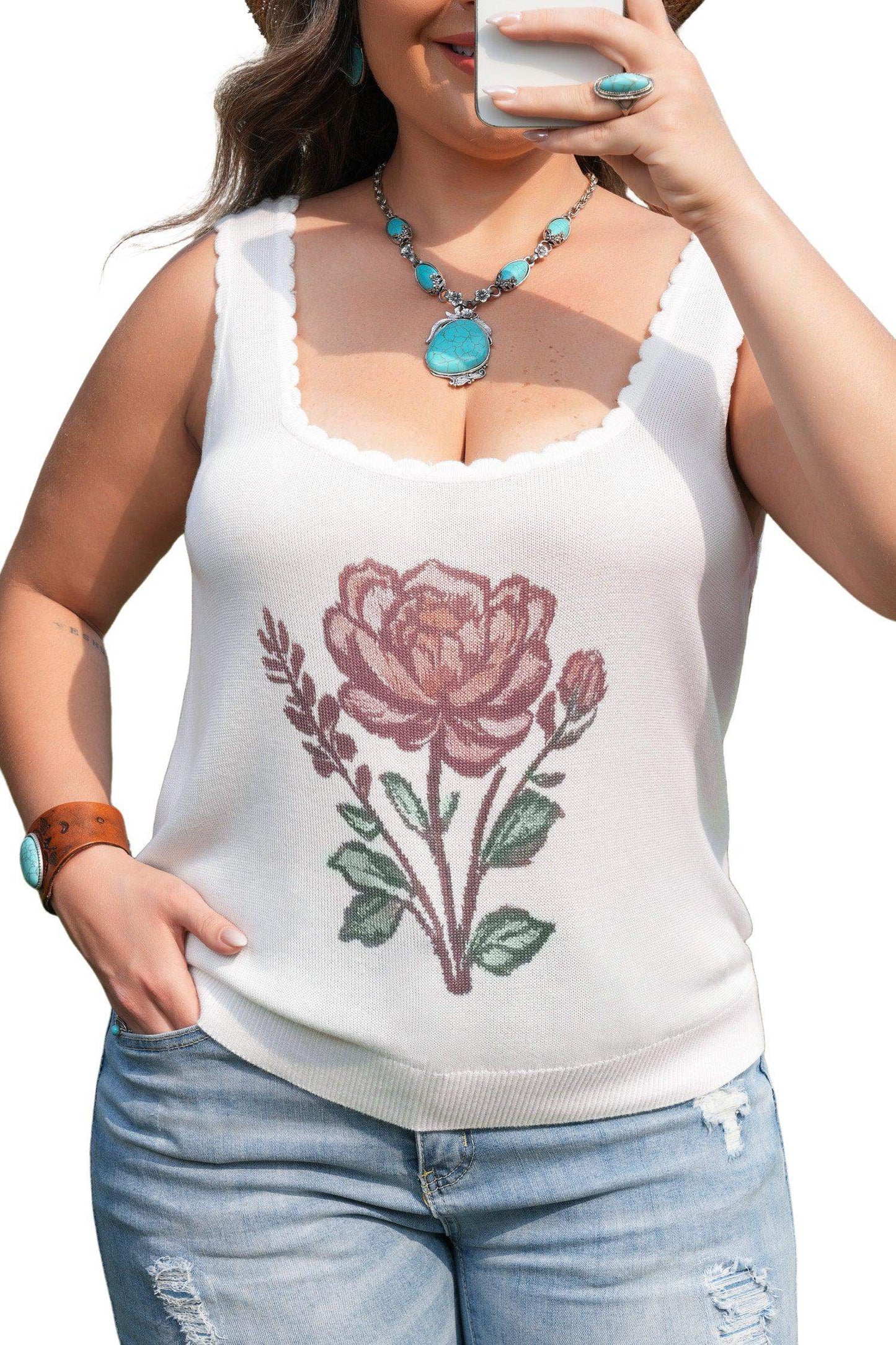 White Plus Size Floral Print Scalloped Trim Square Neck Sweater Vest - Sweet Fashion Wholesale