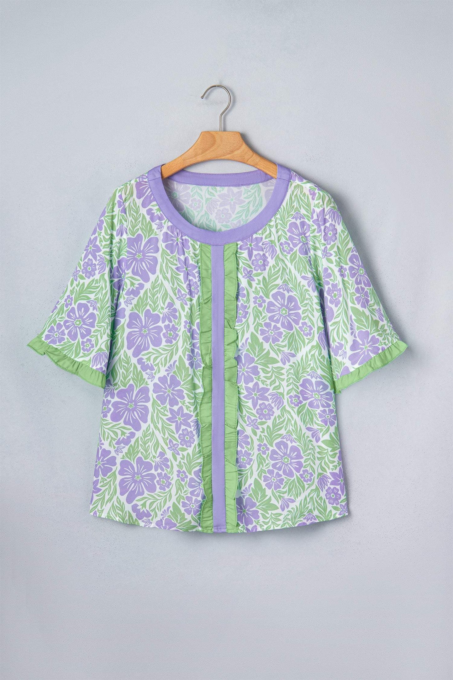 Sky Blue Floral Print Ruffled Color Block Trim Half Sleeve Blouse