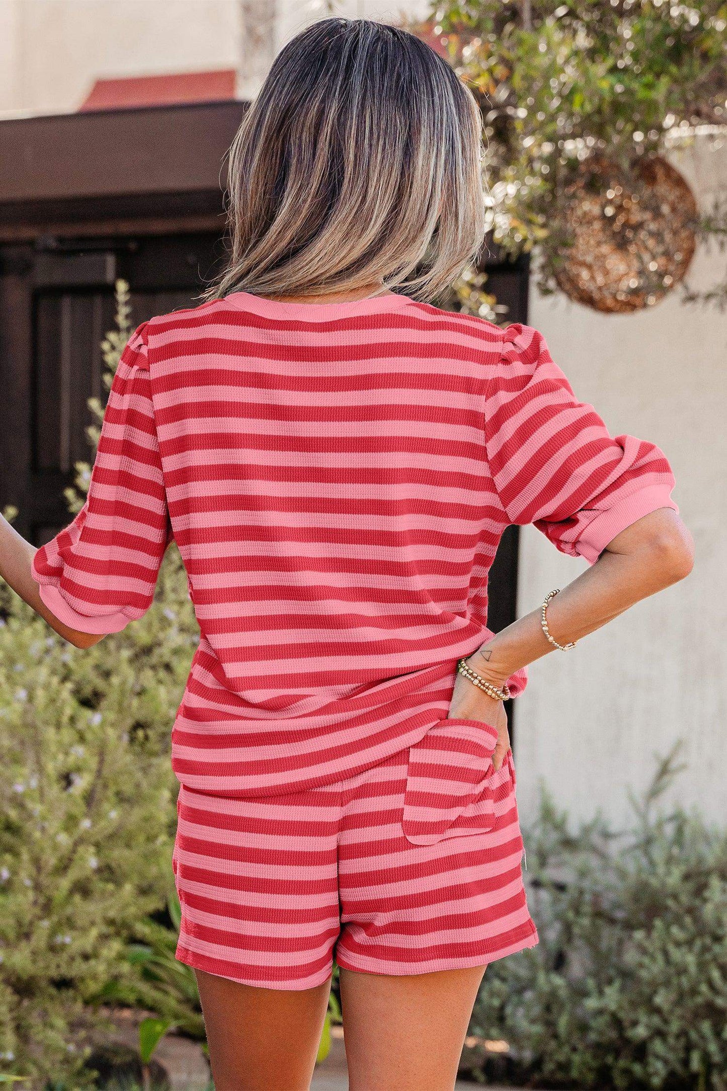 Red Stripe Puff Short Sleeve T Shirt Matching Shorts Set - Sweet Fashion Wholesale