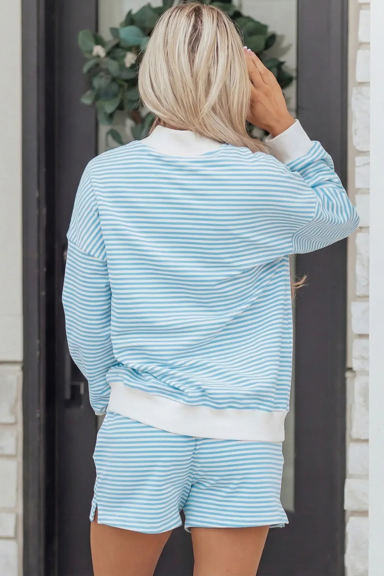 Sky Blue Stripe Oversize Mock Neck Sweatshirt and Shorts Set - Sweet Fashion Wholesale