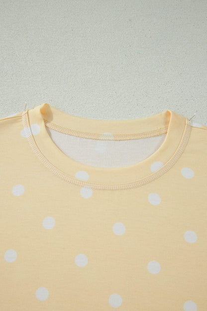 Yellow Exposed Seam Detail Polka Dot Loose Tee Drawstring Shorts Set