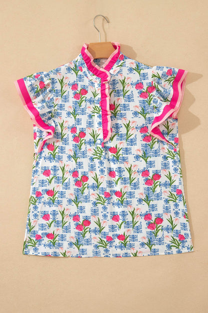 Rose Floral Print Color Block Striped Trim Flutter Sleeve Half Button Blouse