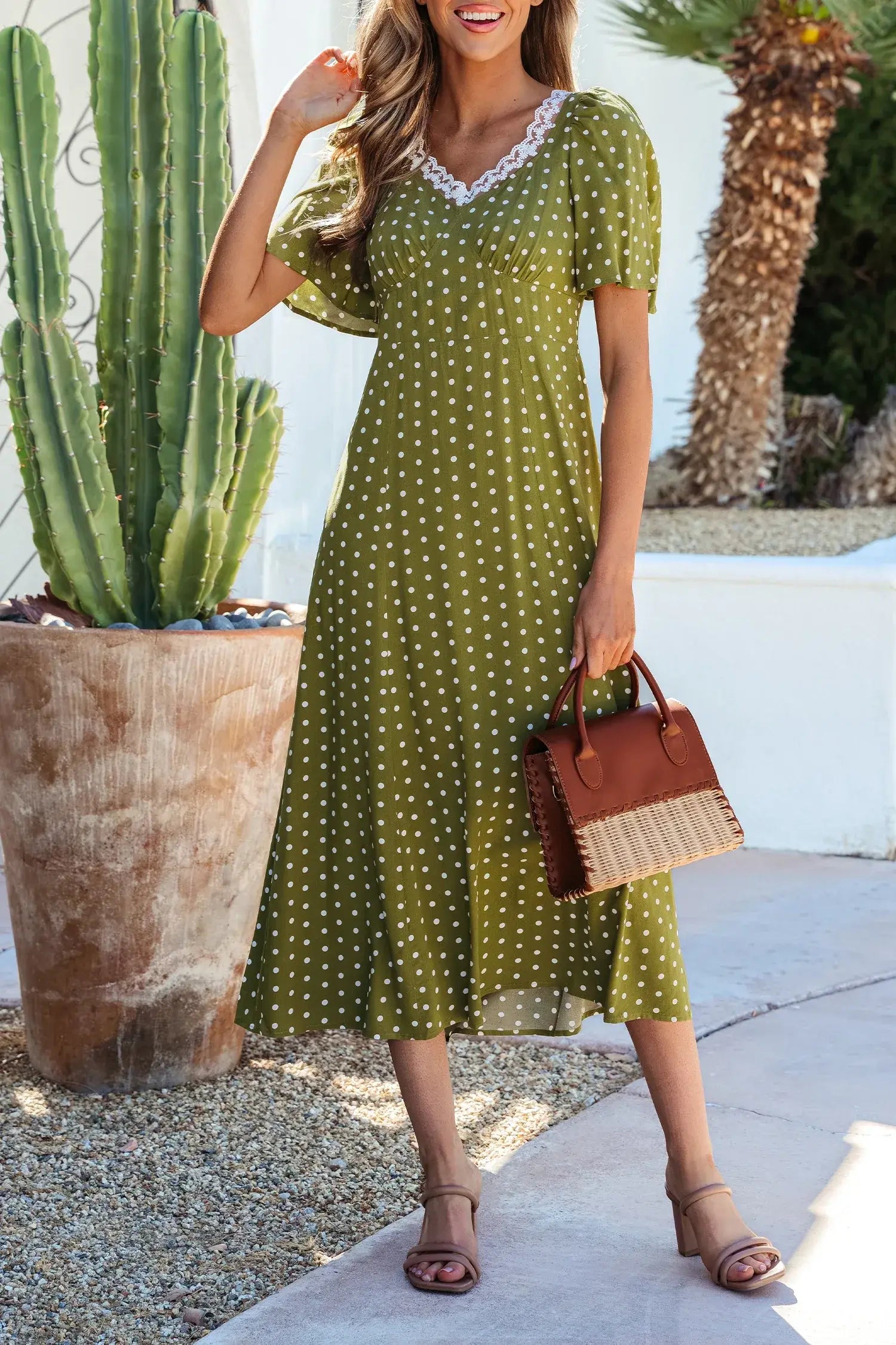 Green Polka Dot Print Lacy Neckline Smocked High Waist Maxi Dress - Sweet Fashion Wholesale