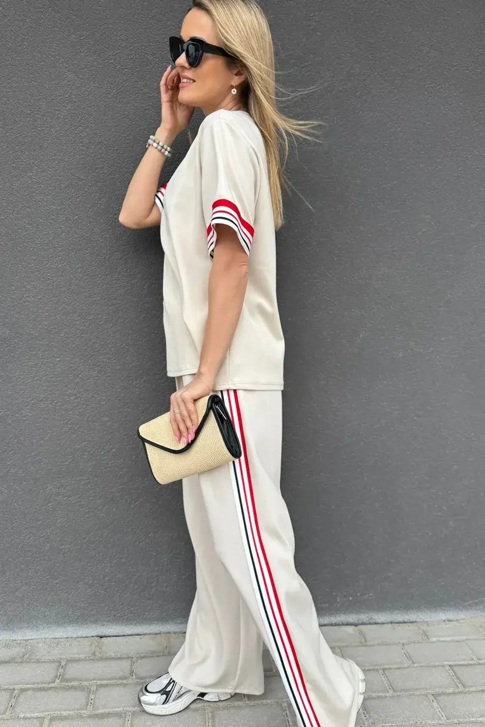 Jet Stream Contrast Striped Trim Crewneck T Shirt Loose Straight Pants Set - Sweet Fashion Wholesale