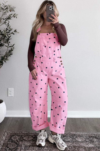 Light French Beige Polka Dot Print Bib Pocket Denim Barrel Overalls Jumpsuit