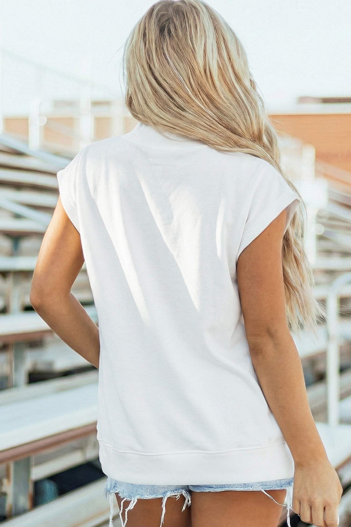 Sky Blue Solid Color High Neck Cap Sleeve Loose Top