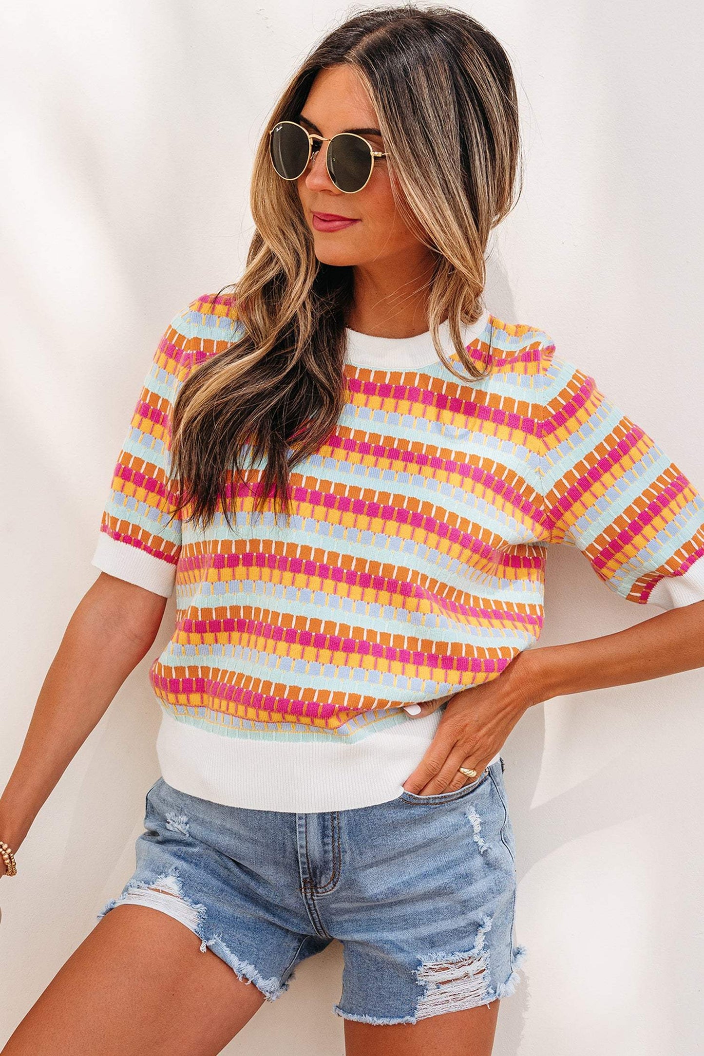 Orange Abstract Striped Knit Short Sleeve Sweater