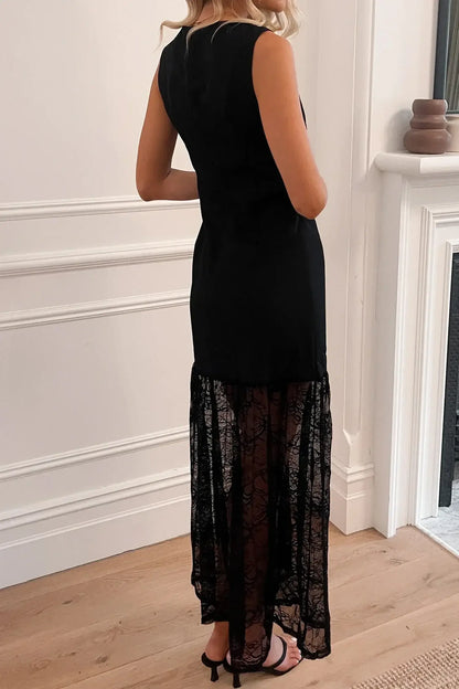 Black Solid Color Sleeveless Sheer Floral Lace Patchwork Long Dress - Sweet Fashion Wholesale