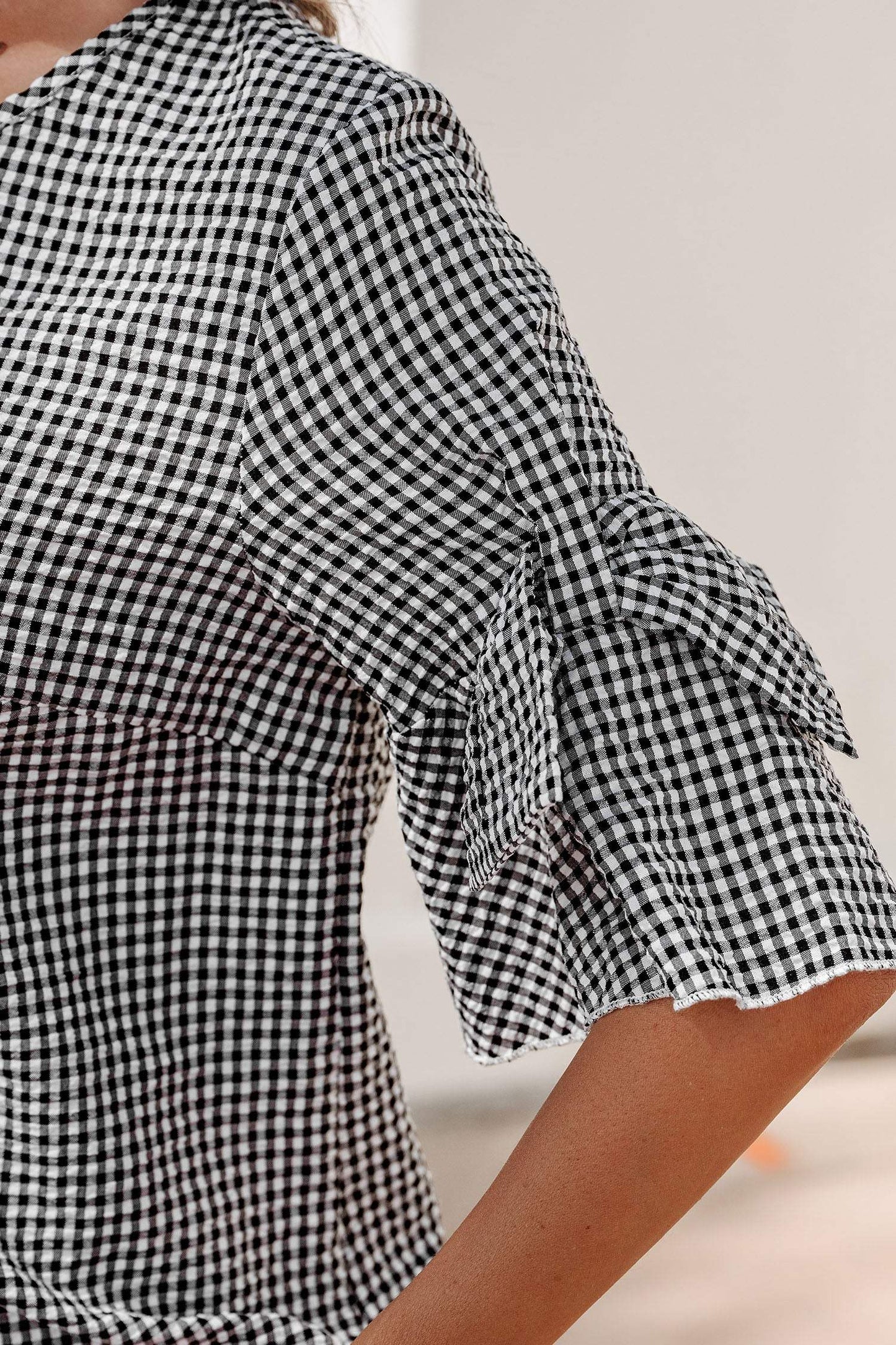 Black Plaid Bow Ruffled Half Sleeve Round Neck Blouse