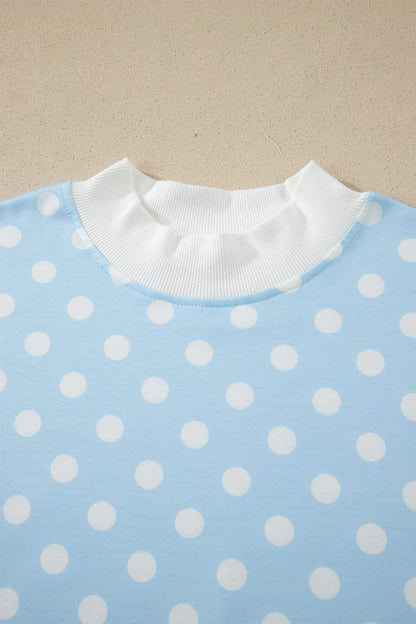 Green Polka Dot Print Color Block Trim Mock Neck Short Set