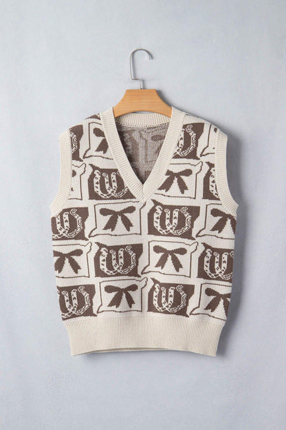 Brown Western Horseshoe Bow Printed V Neck Loose Sweater Vest