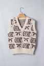 Brown Western Horseshoe Bow Printed V Neck Loose Sweater Vest