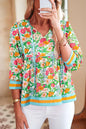 Green Floral Print Striped Trim Tie Neck Puff Sleeve Babydoll Blouse