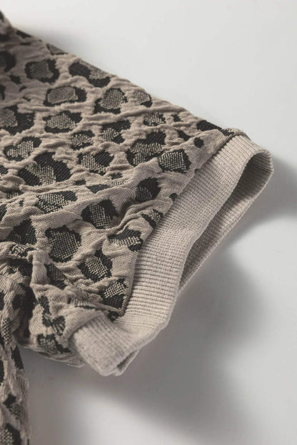 Khaki Textured Leopard Print Crew Neck Short Sleeve Top - Sweet Fashion Wholesale