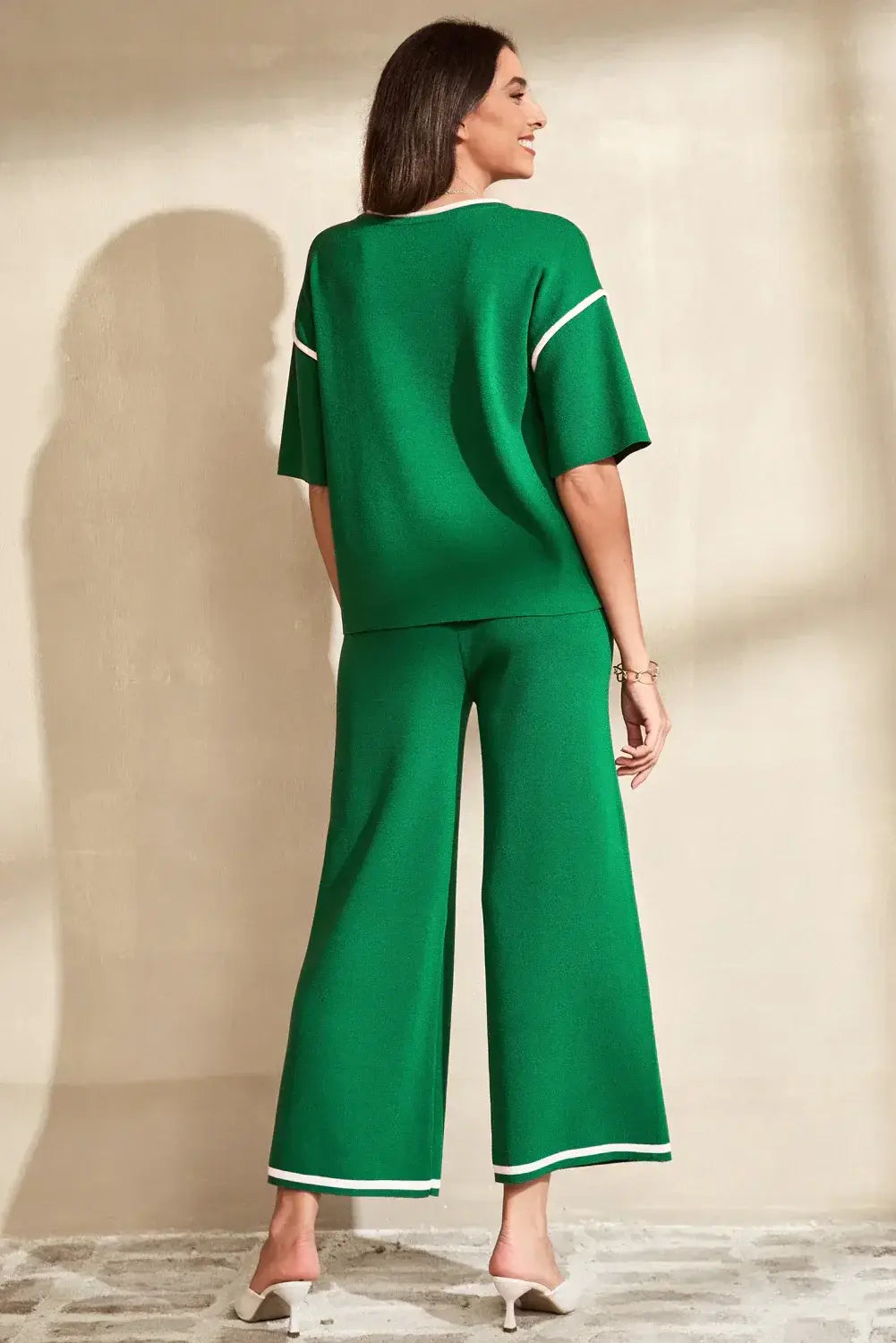 Blackish Green Contrast Trim Half Sleeve Top Drawstring Pants Loose 2pcs Sweater Suit - Sweet Fashion Wholesale