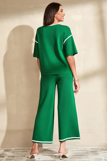 Blackish Green Contrast Trim Half Sleeve Top Drawstring Pants Loose 2pcs Sweater Suit - Sweet Fashion Wholesale